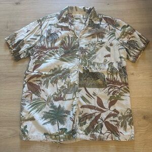 Vintage Safari Zebra Animal Print Shirt Size Medium Cotton Linen Button Up